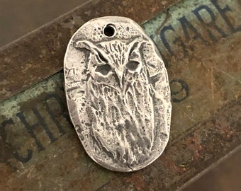 Owl Pendant, Handcrafted, Aged, Metal Animal Bird Handmade Jewelry Making Components, Artisan Crafted, Hand Cast Pewter Charm