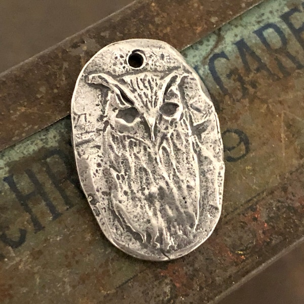 Owl Pendant, Handcrafted, Aged, Metal Animal Bird Handmade Jewelry Making Components, Artisan Crafted, Hand Cast Pewter Charm
