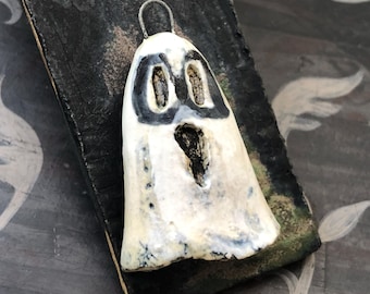 Halloween OOAK Ceramic Ghost Pendant, 37mm tall, Matte Finish, Glazed Ceramic, Handmade, Artisan, One of a Kind