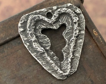 Rustic Heart Pendant, Aged, Pewter Handcrafted Jewelry Making Components, Hand Cast Pewter, Artisan Crafting DIY Crafts, Open Heart