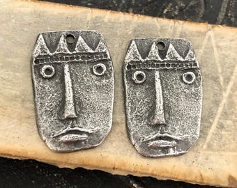 Crowned Face Charms Aged Finish, Handcrafted, Artisan, Jewelry Making Components, Handcast Pewter, Silver Metal, Supplies