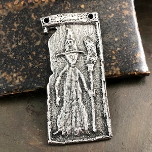 Handcrafted Witch Pendant for Necklaces, Halloween, Sculpted Design, Unique Handmade Gothic Wiccan DIY Jewelry Components Pewter Metal