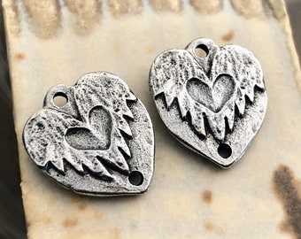 Handmade Heart Connectors Charms, Polished Pewter, Metal, Artisan Design, Handcrafted, Unique Jewelry Components for Earrings & Necklaces