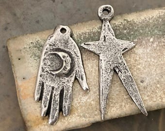 Asymmetrical Hand Moon Star Charms, Celestial, Magic, Antiqued, Aged, Pewter, Handcrafted Jewelry Making Accessories Metal