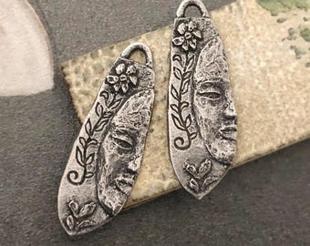 Face & Vine Charms, gealtertes Finish, Schmuckanhänger, Zinnkomponenten, handgemachtes Schmuckzubehör, DIY, Handwerker, Silbermetall