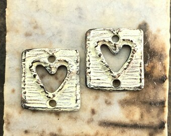 OOAK Heart Connector Charms, 13mm tall, Pale Yellow, Handpainted, Handmade Jewelry Supplies, Unique Components for Earrings, Pewter