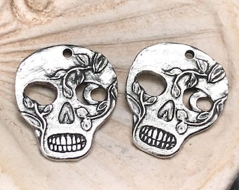 Skull Charms, Vine Crescent Moons, Polished Handcrafted Jewelry Making Components, DIY Crafting Charms, Hand Cast Pewter