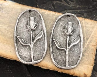 Flower Charms Aged Finish, Handcrafted, Artisan, Jewelry Making Components, Handcast Pewter, Silver Metal, Supplies