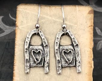 Heart Earrings Polished, Handcast Pewter, Minimalist, Dangle, Handmade, Artisan