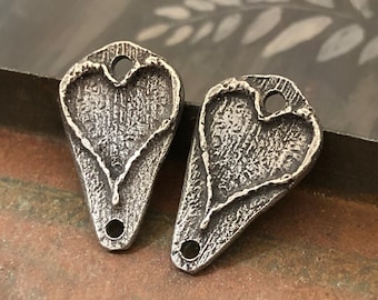 Handmade Heart Connector Charms, Aged Finish, Artisan Handcrafted Pewter Jewelry Making Components, DIY Crafting, for Earrings & Necklaces