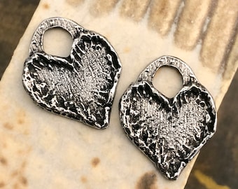 Handmade Heart Charms, Polished Pewter, Metal, Artisan Design, Handcrafted, Unique Jewelry Components for Earrings & Necklaces, Handcast