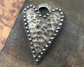 Rustic Hammered Heart Pendant, 40mm, Handcrafted, Handmade Jewelry Making Components, Artisan Crafted, Hand Cast Pewter Metal Heart - 306-PD