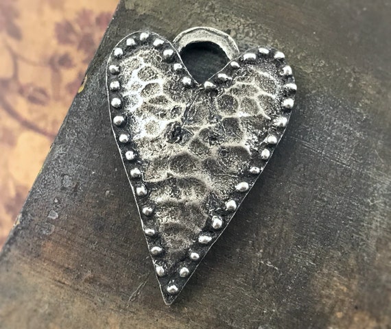 Rustic Hammered Heart Pendant, 40mm, Handcrafted, Handmade Jewelry Making Components, Artisan Crafted, Hand Cast Pewter Metal Heart - 306-PD