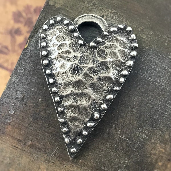 Rustic Hammered Heart Pendant, 40mm, Handcrafted, Handmade Jewelry Making Components, Artisan Crafted, Hand Cast Pewter Metal Heart - 306-PD