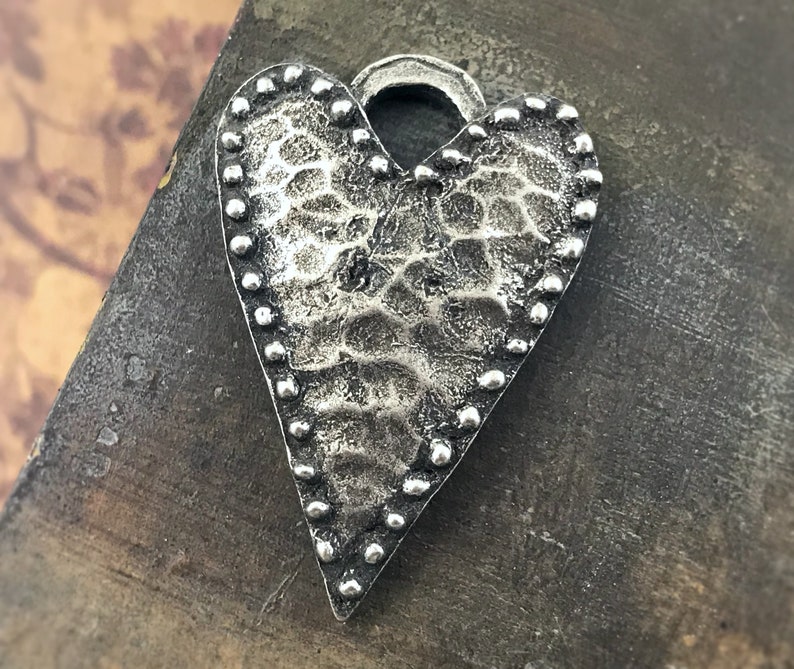 Rustic Hammered Heart Pendant, 40mm, Handcrafted, Handmade Jewelry Making Components, Artisan Crafted, Hand Cast Pewter Metal Heart - 306-PD image 1