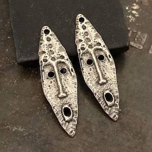 Handmade Primitive Style Mask Charms For Earring Making, Artisan-made Handcrafted Jewelry Components For DIY Crafting, Pewter Metal
