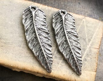 Feather Charms Polished, Handcrafted, Artisan, Handmade DIY Jewelry Making Components, Handcast Pewter, Silver Metal, Supplies