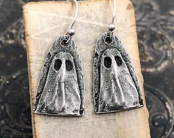 Ghost Earrings Polished, Halloween, Handcast Pewter, Minimalist, Handmade, Artisan