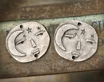 Moon Face w/ Stars, Handmade, Connector Charms, Aged Finish, Artisan Handcrafted Pewter Jewelry Making Components, DIY Crafting for Earrings