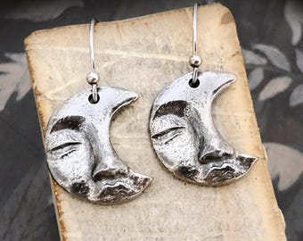 Mond Gesicht Ohrringe, Celestial, Handgemacht, Ohrhänger, Poliert, Handguss Pewter