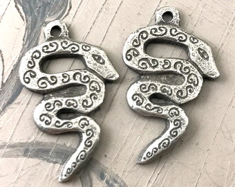 Handcrafted Serpent Charms for Earrings and Necklaces, Handmade Artisan Jewelry Making Component Parts, Aged Pewter Finish, Snakes - 325-CD