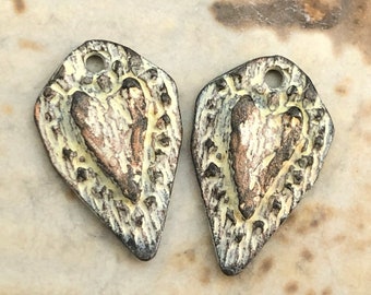 OOAK Heart Charms, 20mm tall, Pale Yellow, Handpainted, Handmade Jewelry Supplies, Artisan, Unique Jewelry Components for Earrings, Pewter