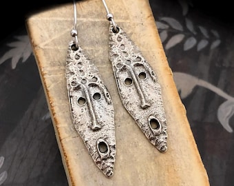 Primitive Mask Earrings, Handcast Pewter, Metal, Polished, Tribal