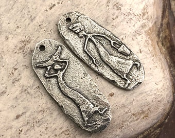 Artisan Primitive Folk Art Style Figure Charms for Earrings, Necklaces, Asymmetrical Handcrafted Jewelry Making Components, Pewter Metal