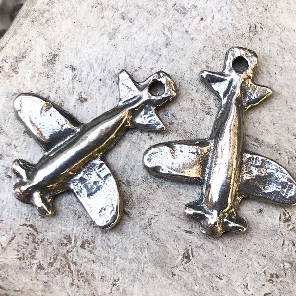 Hand Crafted Artisan Made Airplane Charms for Earrings and Necklaces, Handmade DIY Jewelry Making Components, Cast Pewter Metal - 105CP