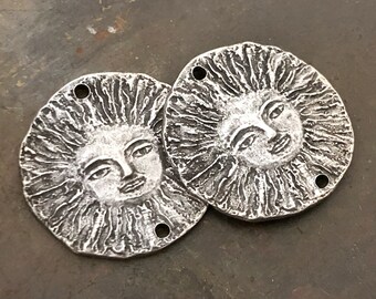 Sun Connector Charms, Handmade, Aged, Artisan Handcrafted Jewelry Making Components, Pewter, Solar Sol Celestial, DIY Handcast