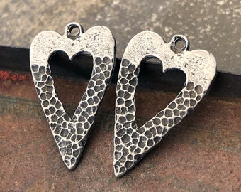 Artisan Designed Hand Crafted Heart Charms for Earrings and Necklaces, Handmade Crafting DIY Jewelry Making Components, Cast Pewter - 173-CD