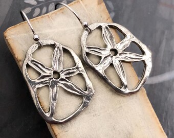 Open Flower Earrings Polished, Handcast Pewter, Minimalist, Dangle, Handmade, Artisan