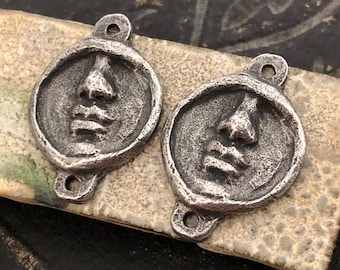 Face Connector Charms, Aged Finish, Handcrafted, Artisan, Jewelry Making Components, Handcast Pewter, Silver Metal, Supplies
