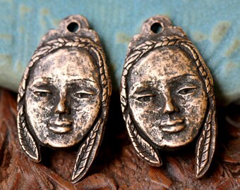 Face Charms, Bronze Plated, Handcrafted Jewelry Making Components, Handmade Artisan DIY Crafting, Earring Supplies, Pewter, Metal