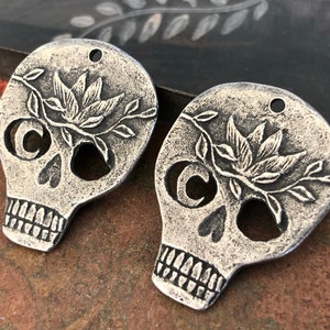 Skull w/ Vine and Crescent Moon Charms, 26.5mm, Handcrafted Jewelry Making Supplies, Artisan, Handmade Pewter Charms