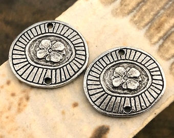 Handmade Connector Flower Charms, Polished Pewter, Metal, Artisan Design, Handcrafted, Unique Jewelry Components for Earrings & Necklaces