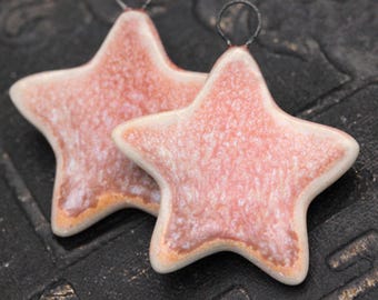 OOAK Ceramic Star Charms, 34mm tall, Salmon/Cream Glazed Stoneware, Handmade Jewelry Making Supply, Artisan Components