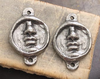 Face Connectors Polished, Handcrafted, Artisan, Handmade DIY Jewelry Making Components, Handcast Pewter, Silver Metal, Supplies
