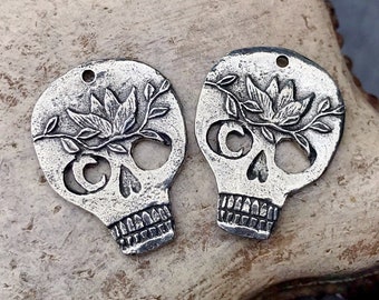 Skull w/ Vine and Crescent Moon Charms, 26.5mm tall, Handcrafted Jewelry Making Components, DIY Crafting Charms, Hand Cast Pewter