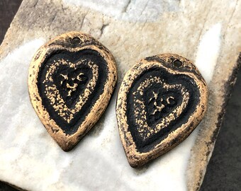 Heart Charms, Golden Bronze Finish, Handmade Jewelry Supplies, Artisan, Jewelry Components, Pewter, Aged, Rustic, Metallic, Metal Charms