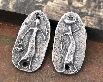 Artisan Primitive Folk Art Style Figures Charms for Earrings and Necklaces, Handcrafted Jewelry Components for DIY Crafters, Pewter - 9-CD