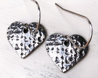 Heart Earrings, Handmade, Dangle, 1" Length, Handcrafted, Charms, Hand-cast Pewter, Artisan, Metal  206-EP