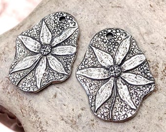 Polished Flower Charms, 27mm, Handmade Artisan Jewelry Making Components, DIY Crafting Supplies, Hand Cast Pewter Metal 130-CP