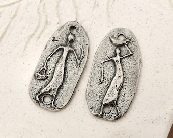 Figure Charms, Polished, Handcast Asymmetrical Folk Art Designs, Handmade Pewter Metal