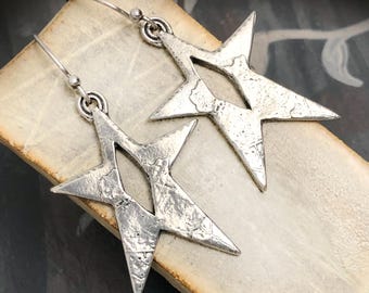 Star Dangle Earrings, Handmade Celestial Dangles, Polished, Handcast Pewter