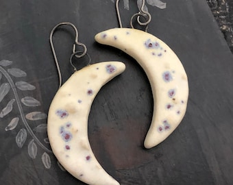 OOAK Ceramic Moon Earrings Polished, Handcast Pewter, Minimalist, Dangle, Handmade, Artisan