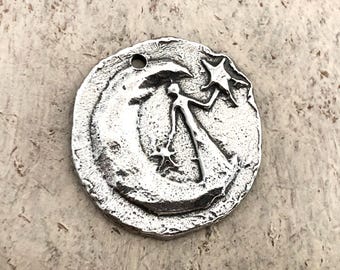 Polished Lady in Moon Pendant, Artisan Handcrafted Handmade Jewelry  Making, Hand Cast Pewter, DIY Crafting Womens Jewellery, Celestial