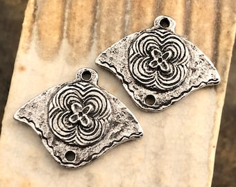 Handmade Connector Flower Charms, Polished Pewter, Metal, Artisan Design, Handcrafted, Unique Jewelry Components for Earrings & Necklaces