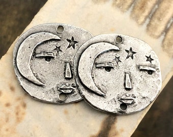 Artisan Design Face Charms, Crescent Moon, Star Connectors, Polished Pewter, Metal, Handcrafted, Unique Jewelry Components for Earrings