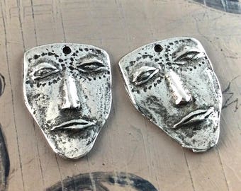 Handcrafted Face Mask Charms Pewter, Handmade Artisan Pewter Jewelry Components, DIY Jewellery Making, Hand Cast Metal - 211CP